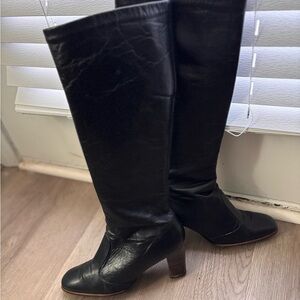 Women's Black Leather Knee-High Boots with Wood Block Heel